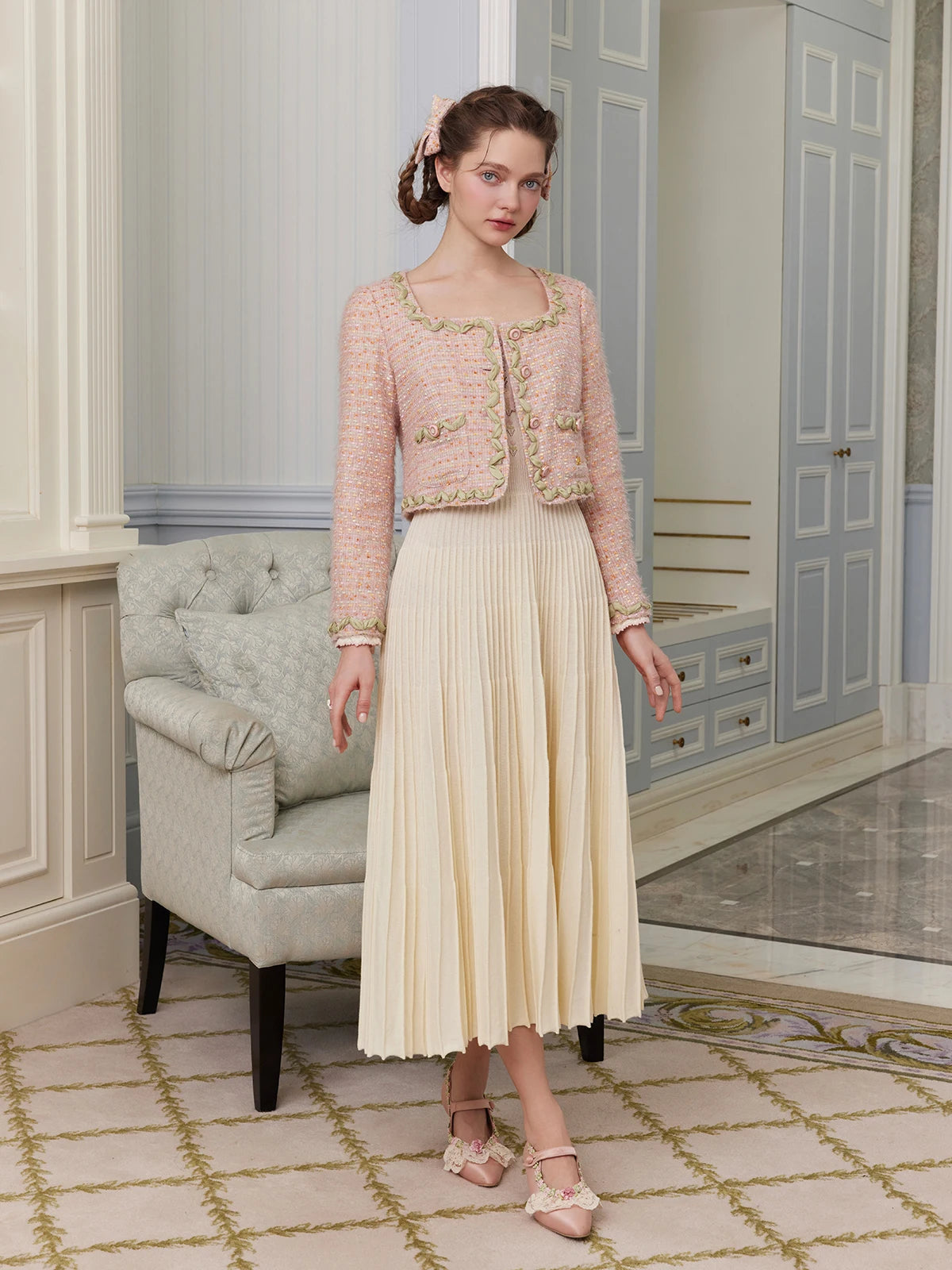 76-88cmBust FallWinter Long Pleated Dress Women Vintage ElegantSlim Embroidery Square Neck Flare Sleeve 100%Cotton Knitted Dress