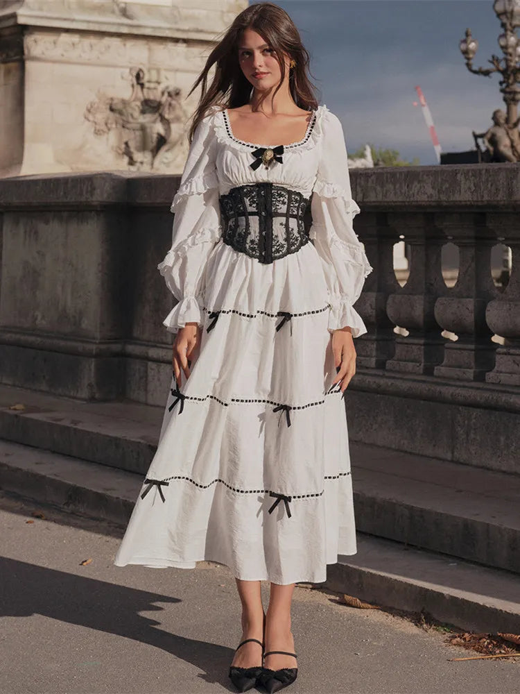 Gothica Parisian Fall White Maxi Dress Women Vintage Elegant Slim Lace Collar Long Sleeve French Halloween Dress