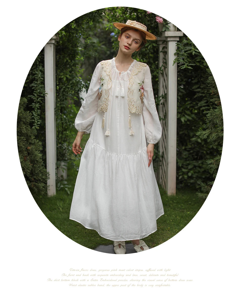 The Antoinette Tassel Embroidery Vest | French Antique Floral Cotton Gilet | Open-Stitch V-Neck | Parisian Princess