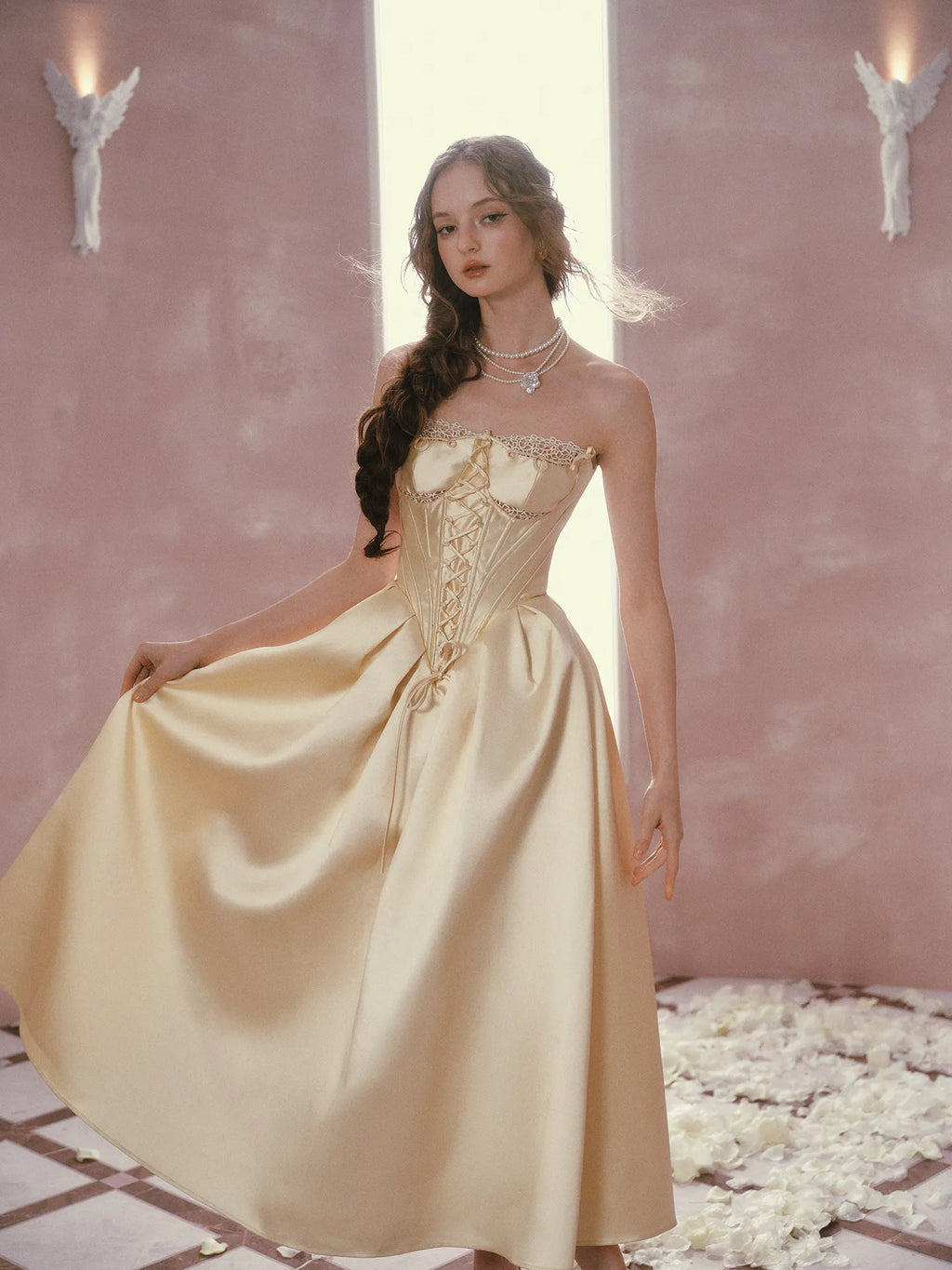 The Lemondrop Love Belle Gown | French Chic Elegant Slim Lace Corset Dress | Strapless Empire Waist Satin Maxi | Parisian Princess
