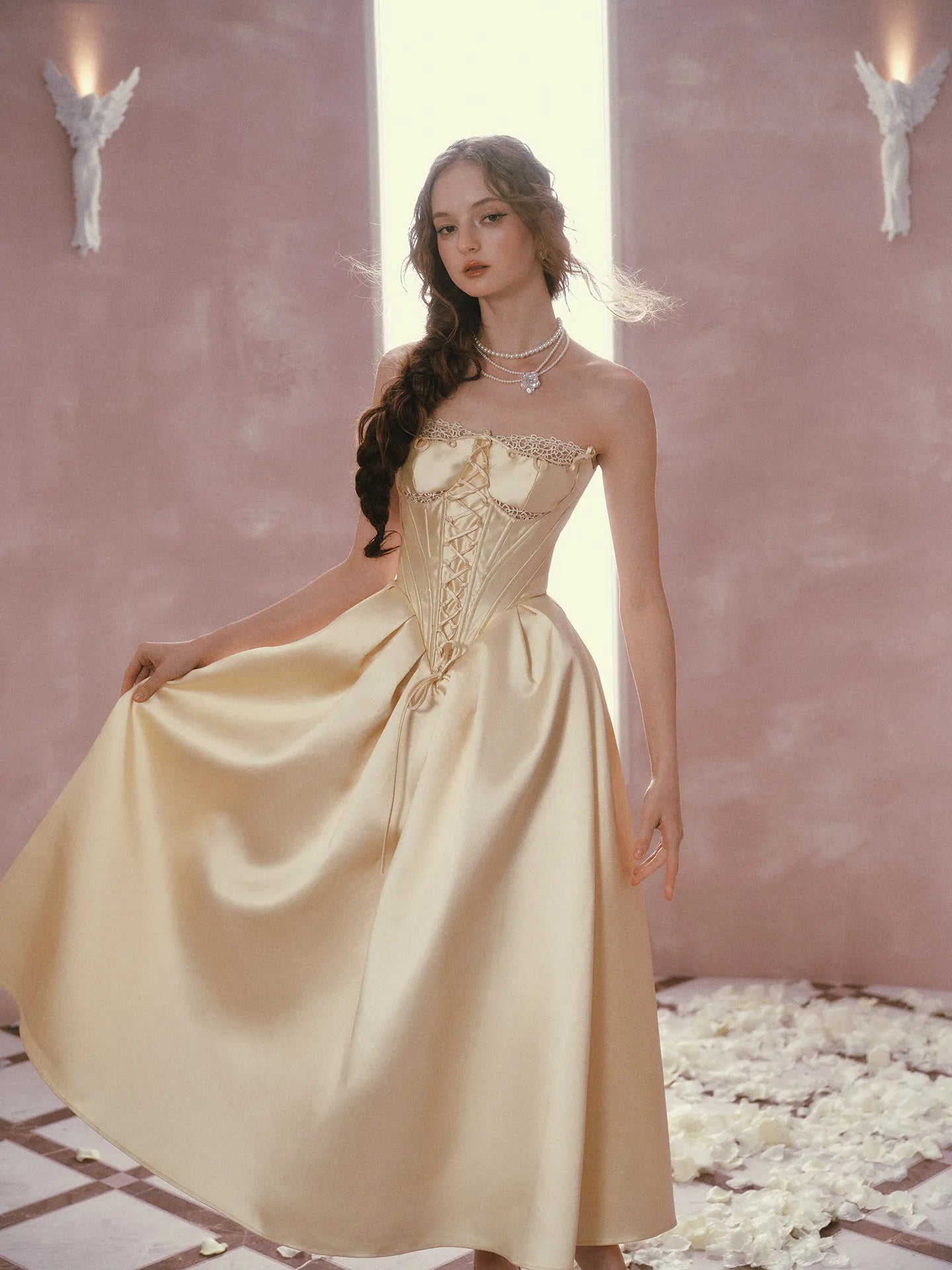 The Lemondrop Love Belle Gown | French Chic Elegant Slim Lace Corset Dress | Strapless Empire Waist Satin Maxi | Parisian Princess