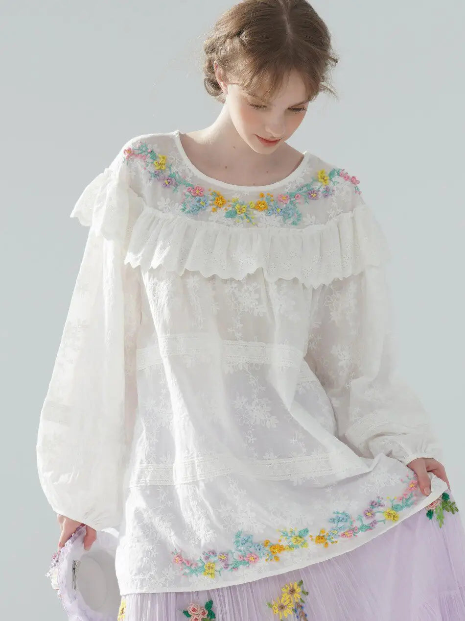 The Summer Floral Breeze Blouse | 100% Cotton Oversized White Top | Handmade 3D Embroidered Loose Lace Top | Parisian Princess