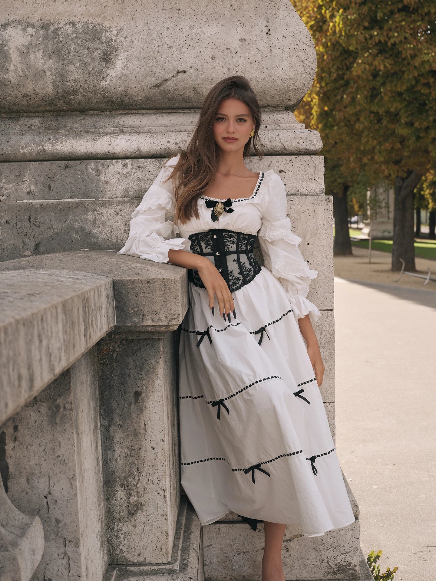 Gothica Parisian Fall White Maxi Dress Women Vintage Elegant Slim Lace Collar Long Sleeve French Halloween Dress