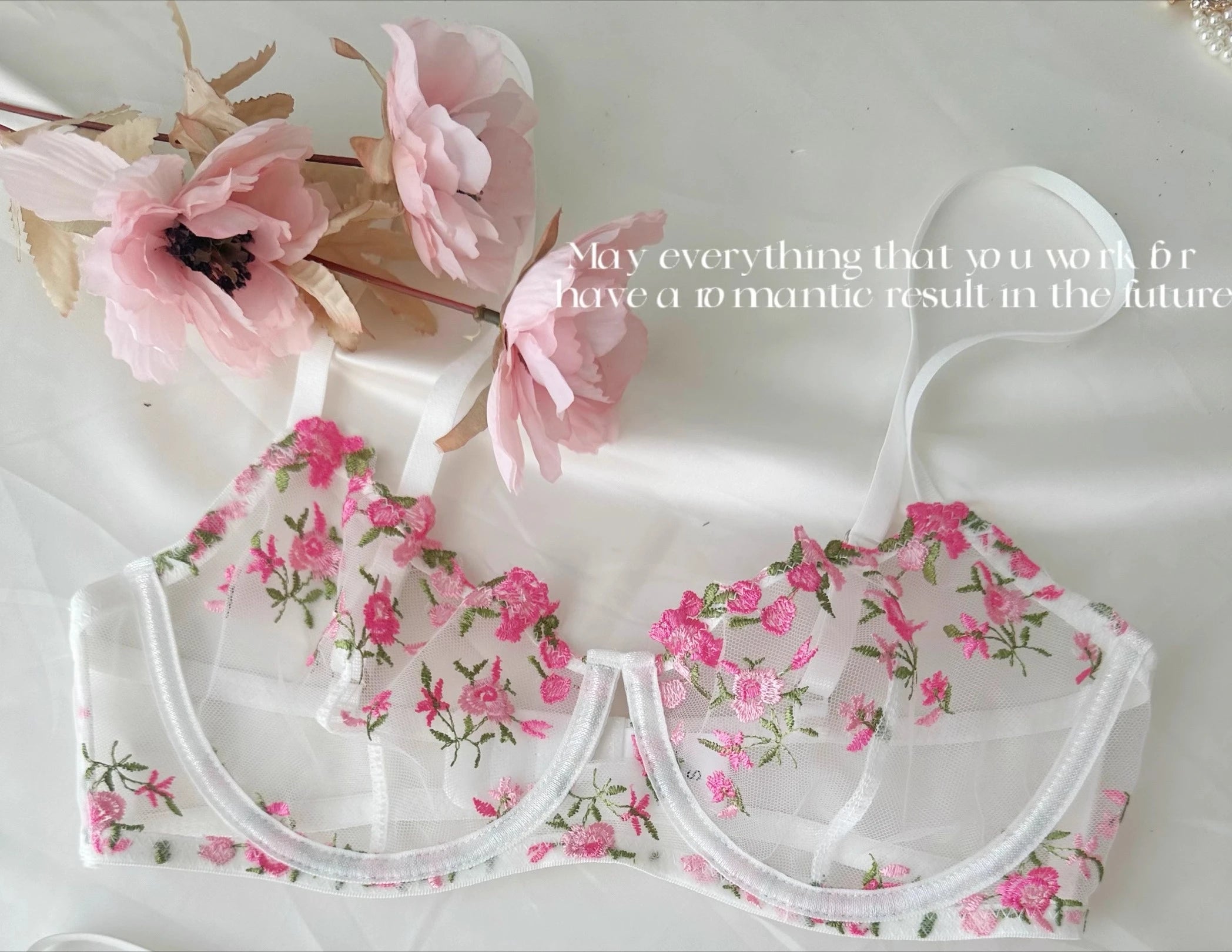 Parisian French Lingerie Set Sheer Tulle, Pink Floral Embroidery Bra Bralette, Sexy Pure Matching Set BANERDANNI Sexy Tushy Bras
