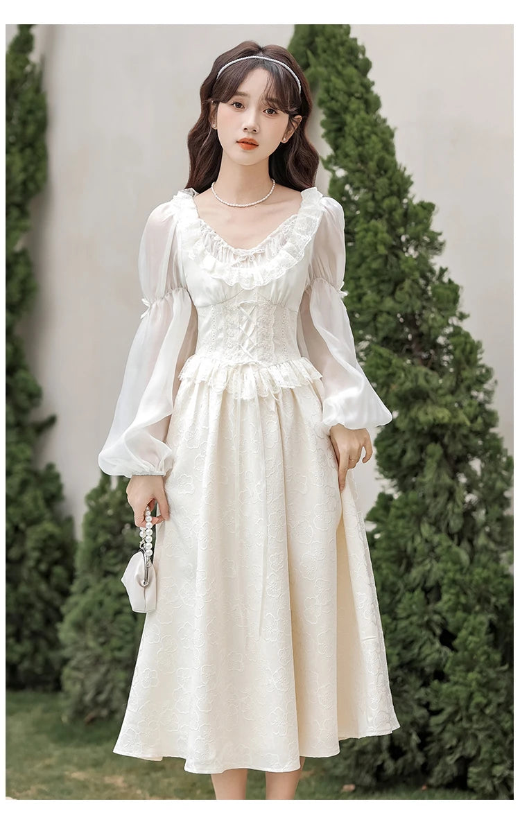 French Fairy Lantern Sleeve Midi Dress for Women Summer Elegant Retro Slim Sweet Party One Piece Dress Korean Casual Clothes