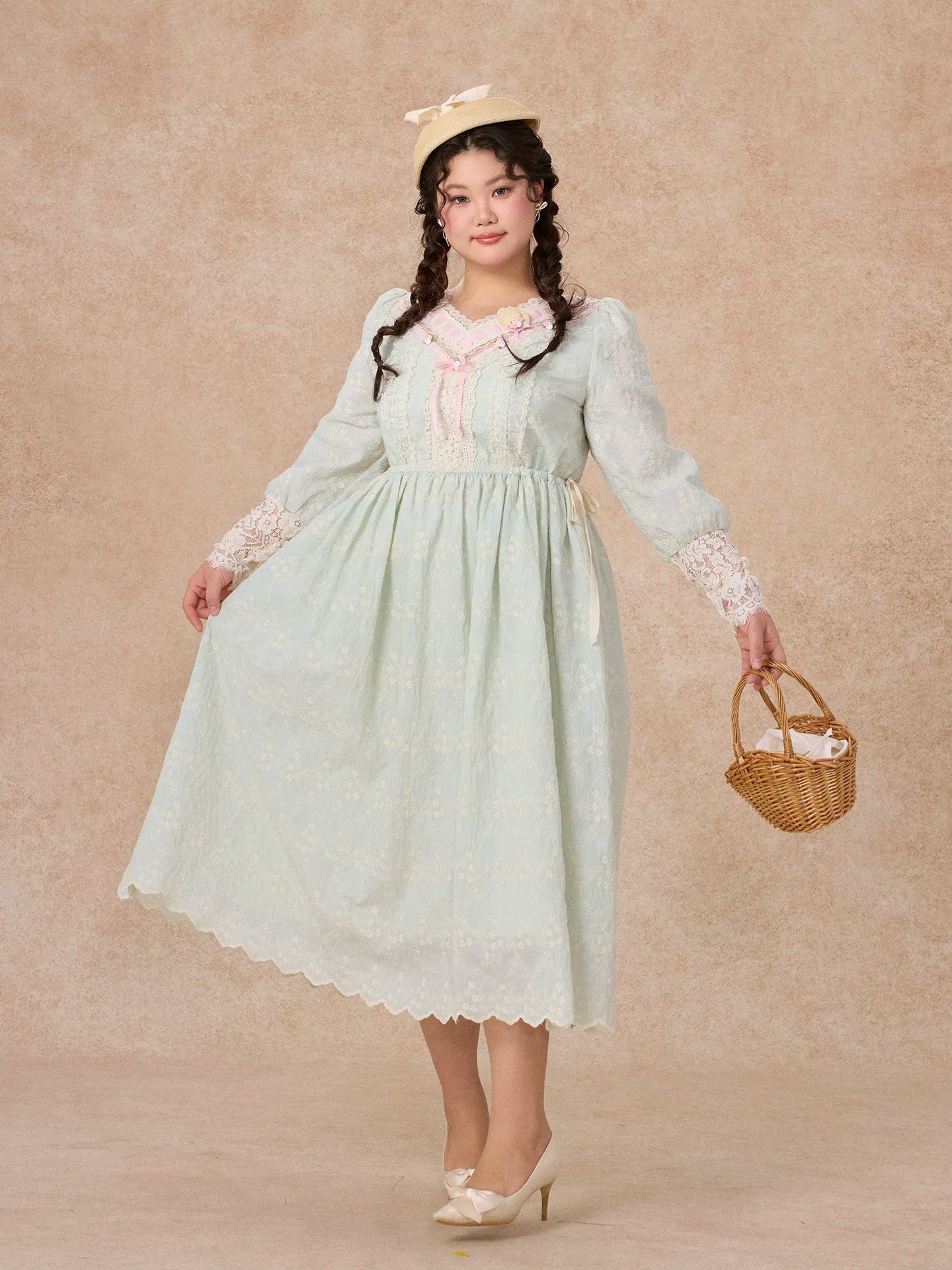 The Emerald Sovereign Gown | Plus Size French Lace-Up Maxi | Vintage Lantern Sleeve Embroidery Gown | Parisian Princess