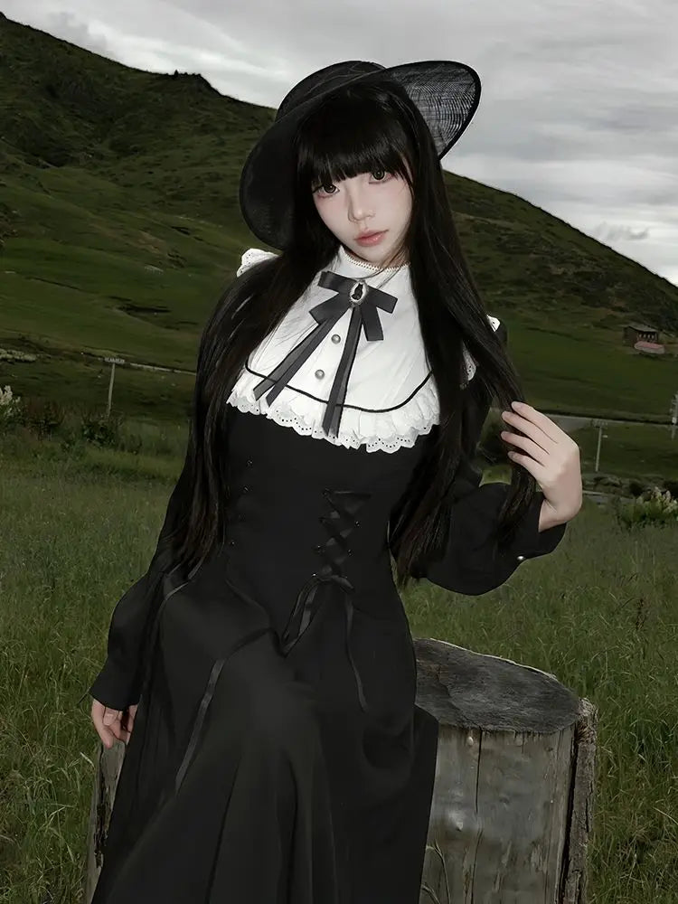 Japanese Y2K Patchwork Midi Dress Women Harajuku Gothic Lace Up Long Dress Female Sweet Lolita Bow Long Sleeve Chic Vestidos New