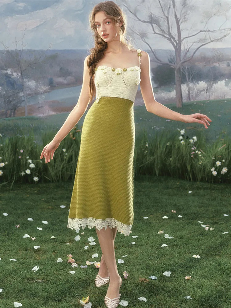 The Garden Princess Crochet Set | Wool Knitted Cardigan & Midi Dress | Handmade Floral Hollow-Out Two-Piece | Parisian Princess