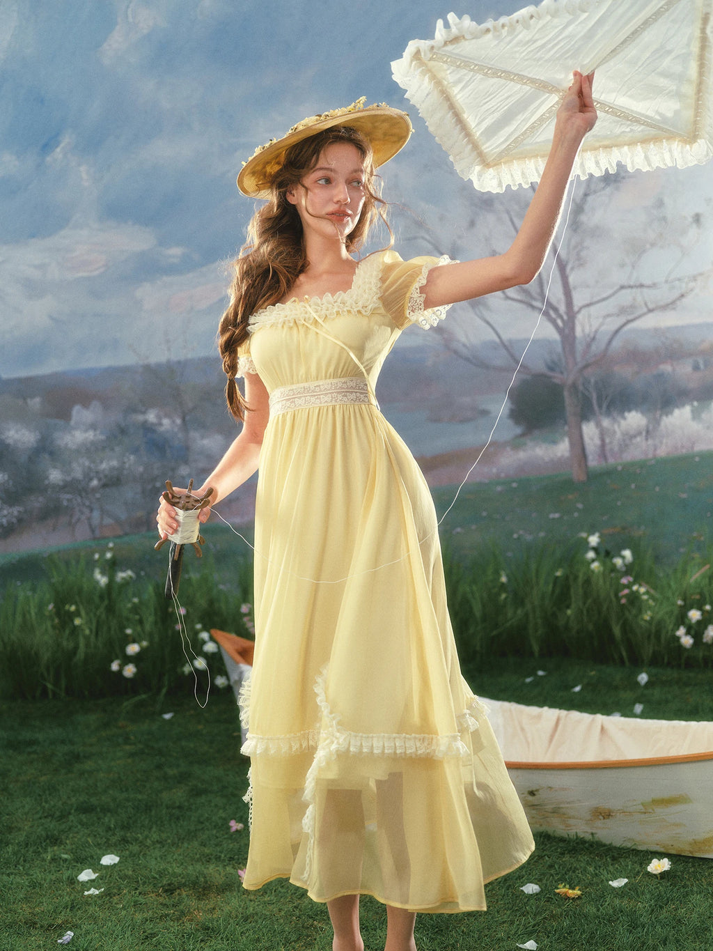 The Provence Lemon Lace Gown | Bubble Sleeve Countryside Midi | Waist-Cinching Princess Dress | Parisian Princess