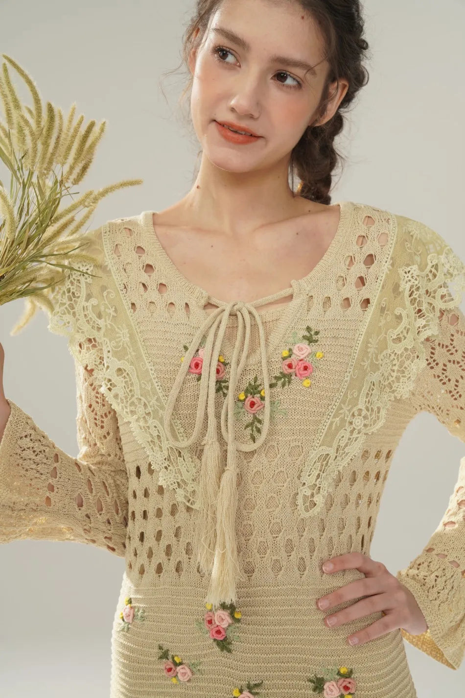 The Versailles Rose Knitted Fishtail | Hand-Embroidered Silk Blend Dress | French V-Neck Gown | Parisian Princess