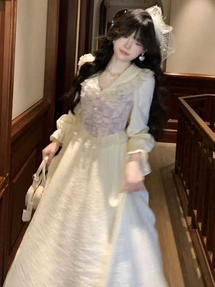 The Champs-Élysées Lace Gown | French Elegant Sweet Evening Dress | Retro Bow-Neck Mid-Calf Vestido | Parisian Princess