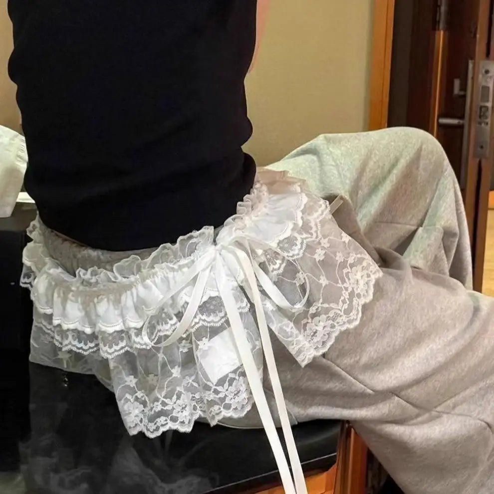 Lace-up Lace Side Half-body Skirt Short Sash Curtain Apron Girls Sweet Jeans Casual Pants Accessories Skirt