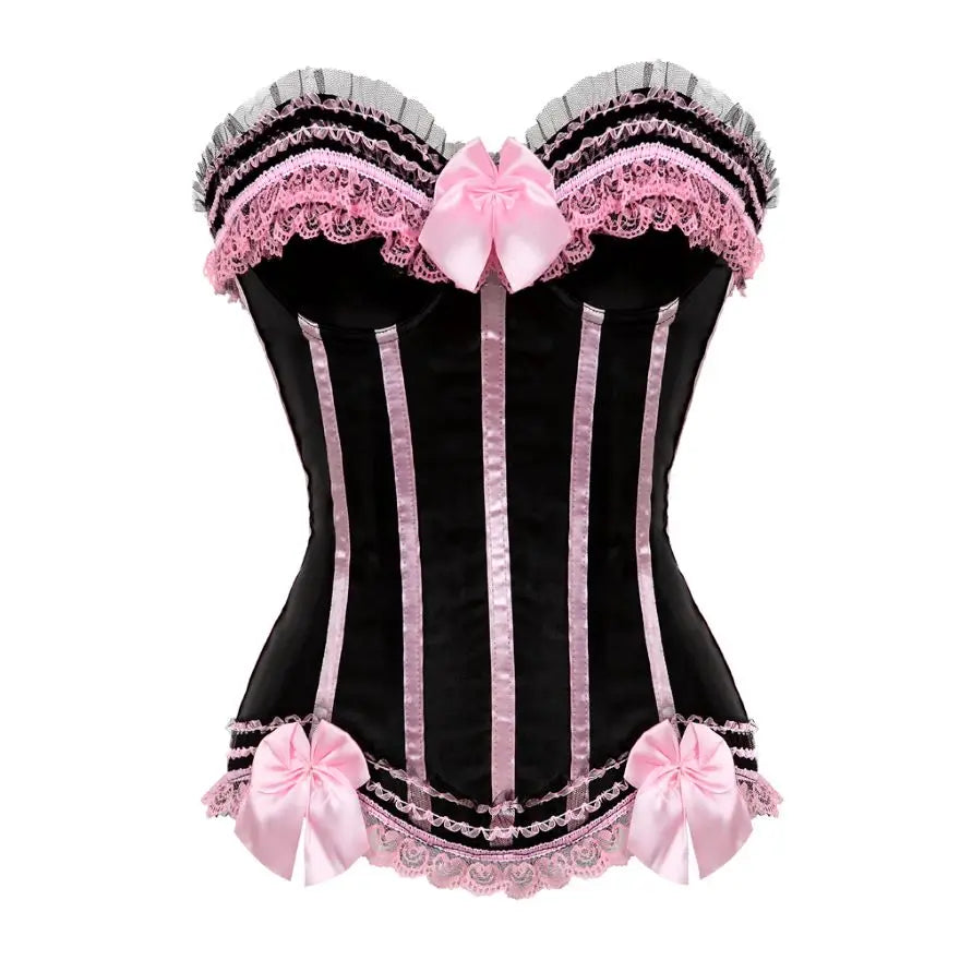 Sexy Lace Overbust Corset Top Women Vintage Satin Bow Bustier Lingerie With Zipper Plus Size Body Shaper Burlesque Corsets