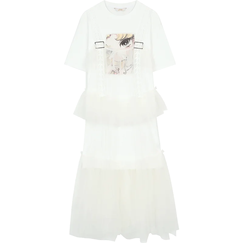 The Toulouse Cotton Lace Dress Set | Sweet Cool Printed T-Shirt & Spliced Maxi | Two-Piece Mesh Dress | Parisian Princess