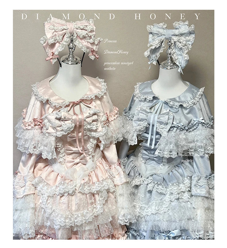 Pink Lolita Princess Dress Women's Bow Lace Heavy Industry Sweet Elegant Birthday Party Evening Dress Lady Suspender Dress Cloak