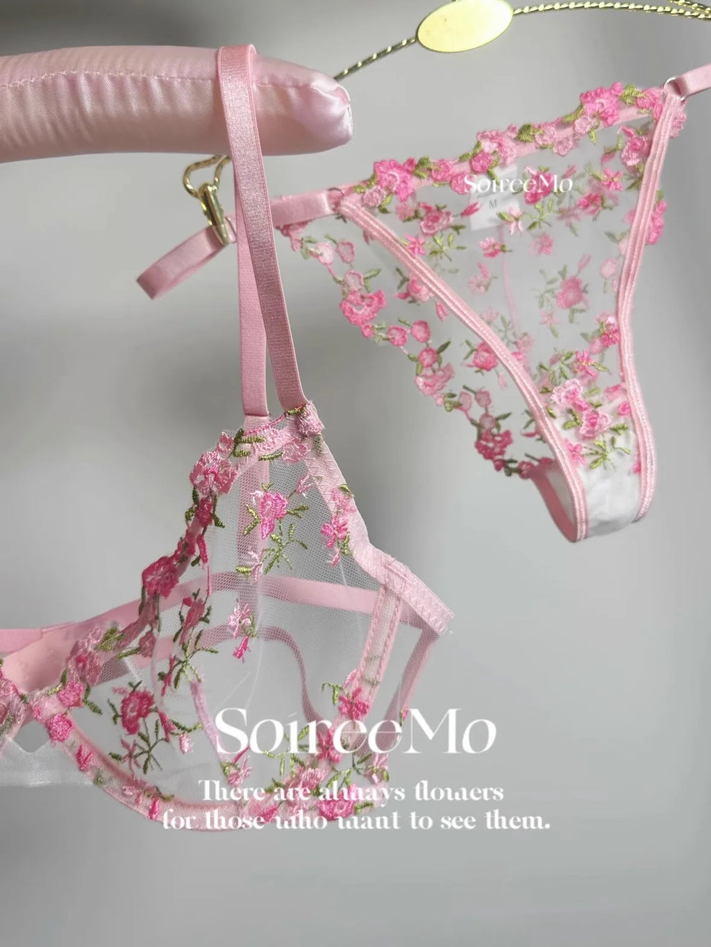 Parisian French Lingerie Set Sheer Tulle, Pink Floral Embroidery Bra Bralette, Sexy Pure Matching Set BANERDANNI Sexy Tushy Bras