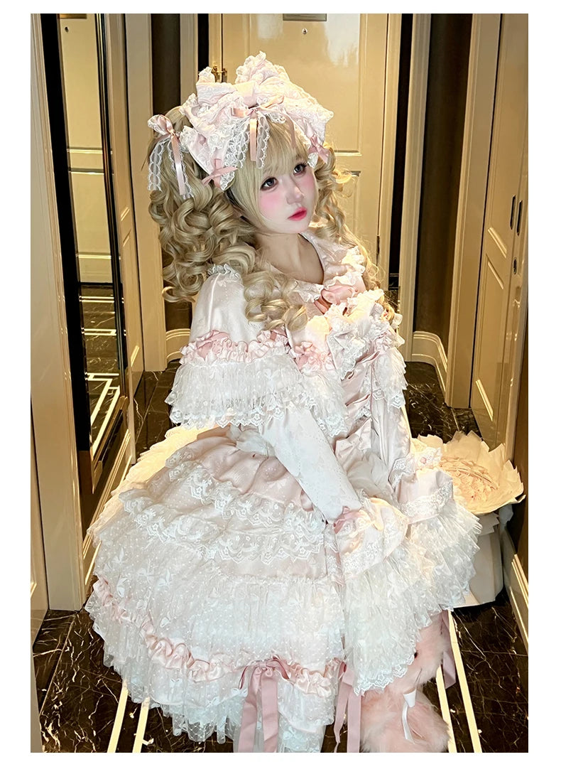 Pink Lolita Princess Dress Women's Bow Lace Heavy Industry Sweet Elegant Birthday Party Evening Dress Lady Suspender Dress Cloak
