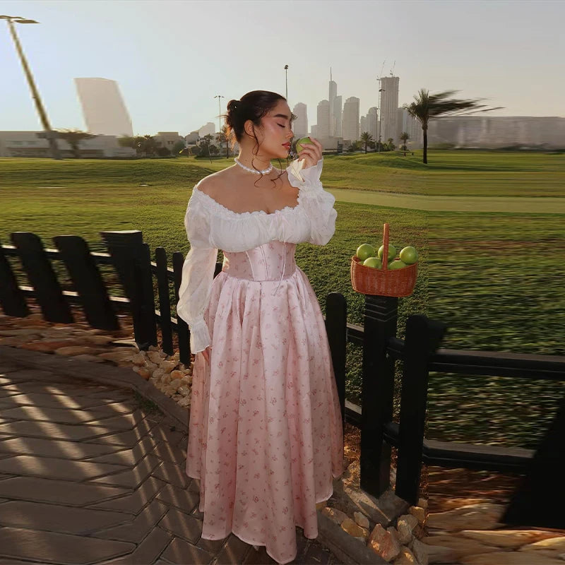 Elegant Sweet Pink Floral Print Princess Dress Off-shoulder Long Sleeve Ankle Length Prom Gown 2025 NEW Patchwork Fishbone Dress