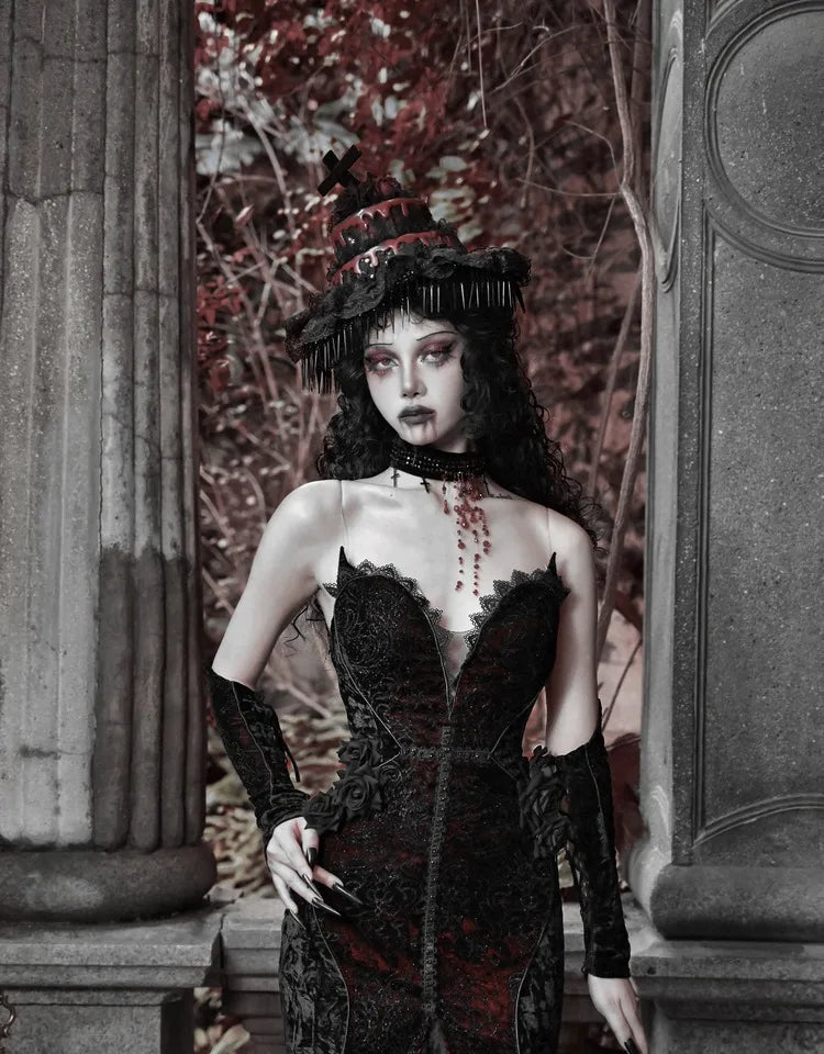 Gothica Original Design Vampire Black Red Dress Lace Patch Gothic Velvet Trumpet Sleeveless Sexy X-Long Dress Halloween