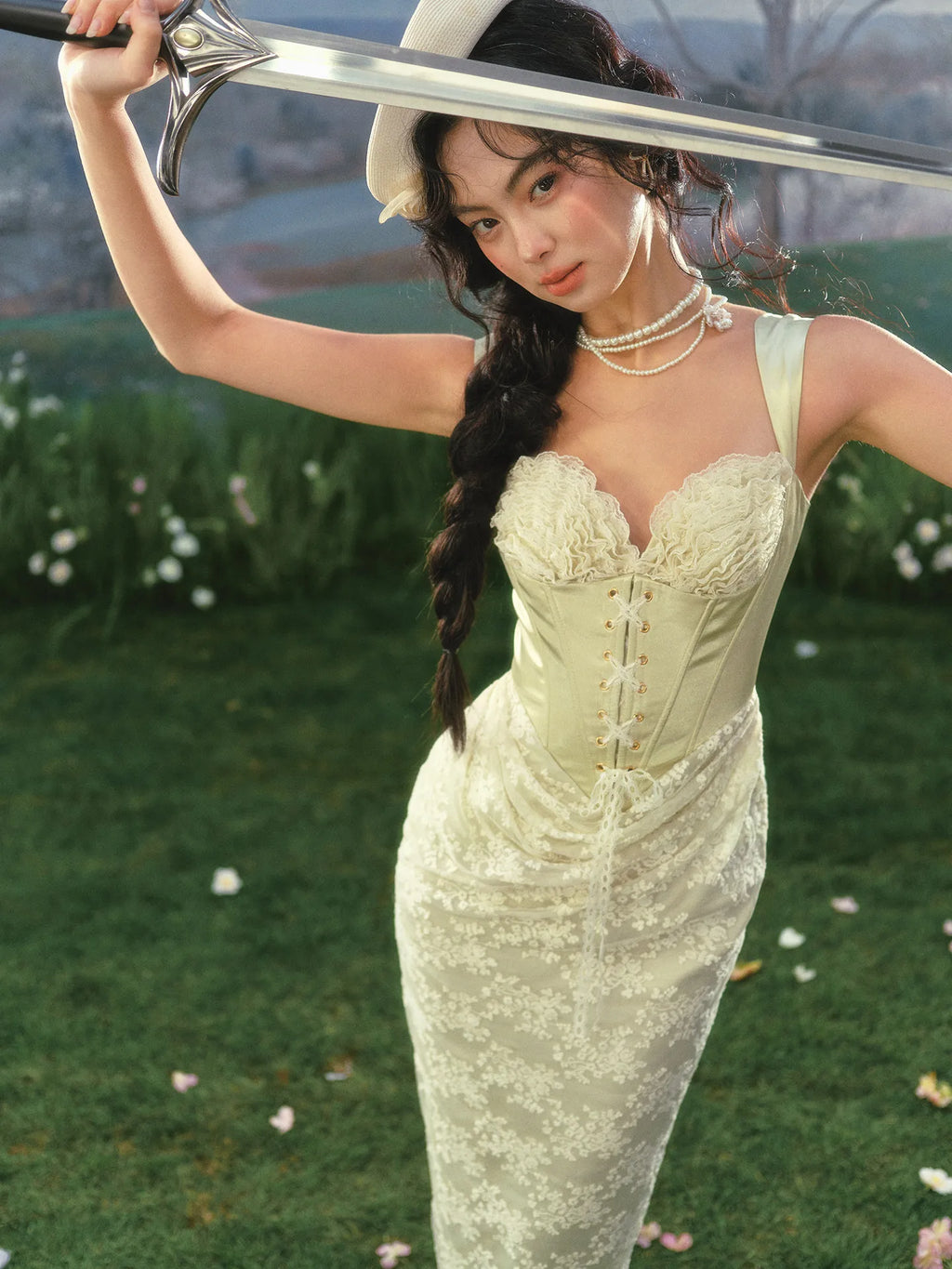 The Aubergine Limeberry Gown | French Elegant Slim Luxury Satin Princess Dress | Lace Strapless Empire Mid-Calf Dress | Parisian Princess