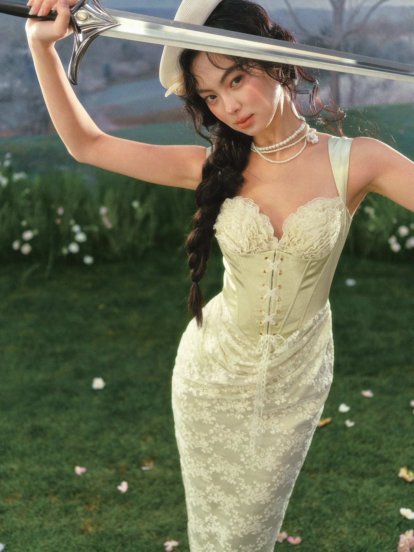 The Aubergine Limeberry Gown | French Elegant Slim Luxury Satin Princess Dress | Lace Strapless Empire Mid-Calf Dress | Parisian Princess