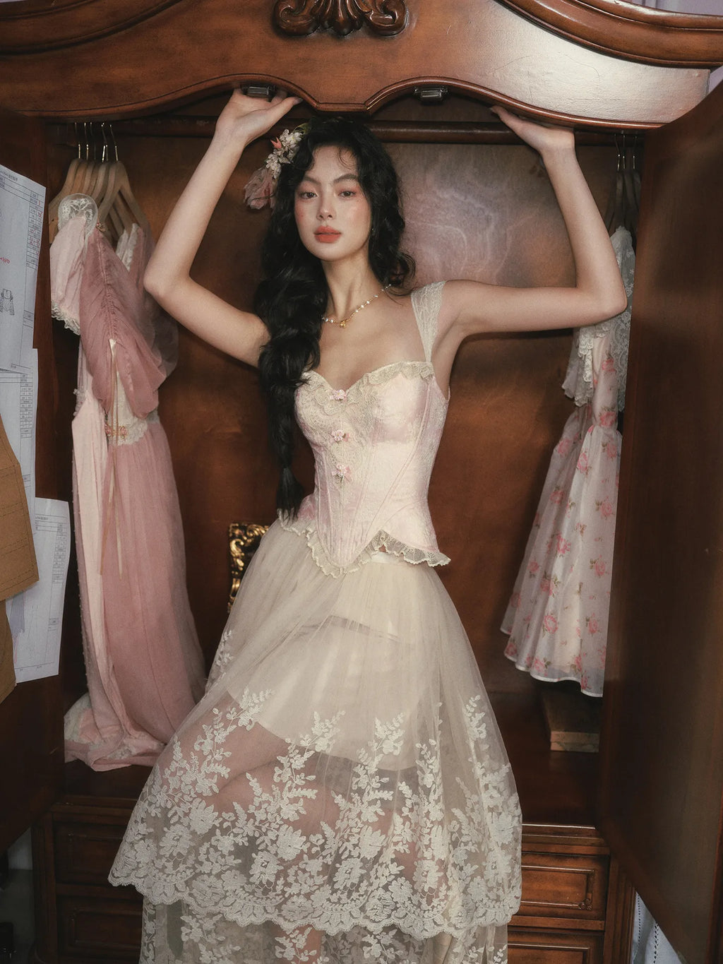 The Rosebud Versailles Lace Set | Pink Bustier & Shimmer Beige Maxi Skirt | Embroidered Two-Piece Gown | Parisian Princess