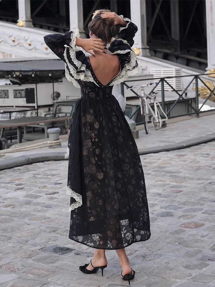 Parisian Lace Black Maxi Dresses Women Vintage Elegant Slim Sexy Lace V-Neck Luxury Palace Style Halloween Atmosphere Dress