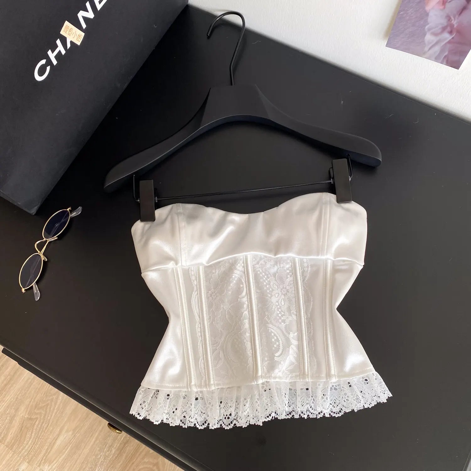 The Fontainebleau Satin Corset Cami | French Lace Strapless Crop Top | Wedding & Night Out Tank | Parisian Princess