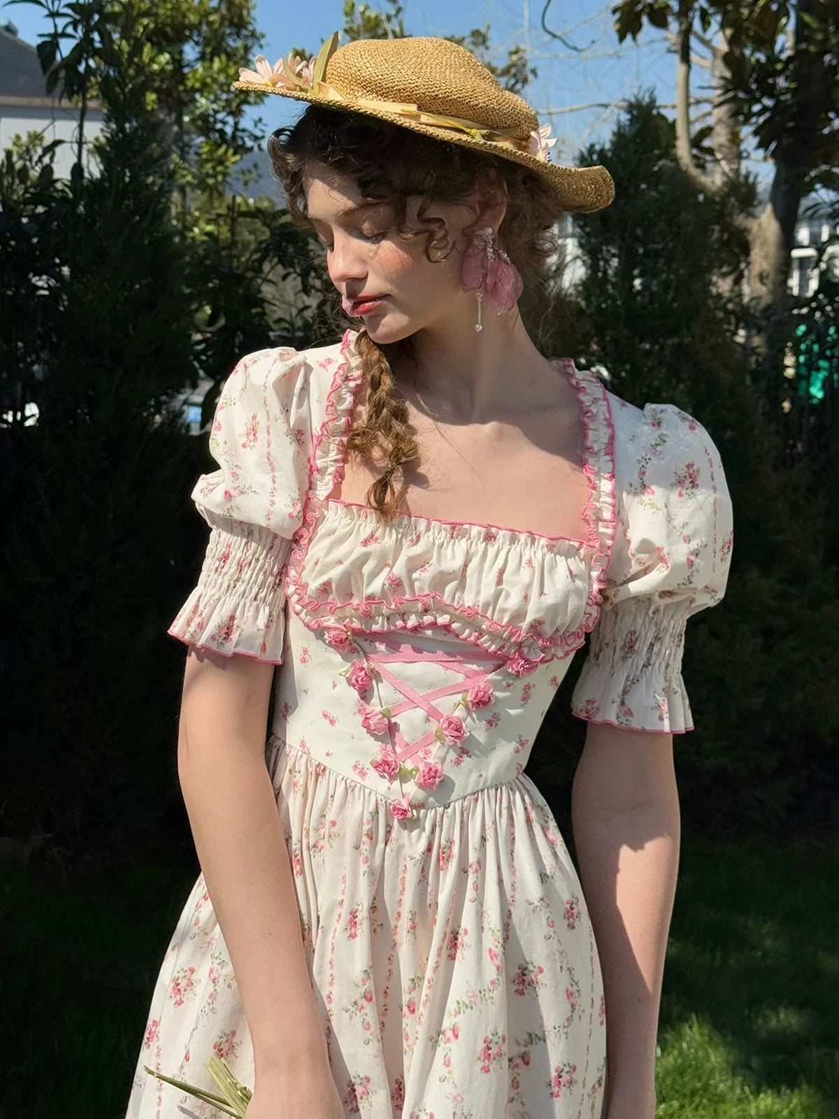 The Giverny Floral Cotton Gown | Square Neck Puff Sleeve Midi | French Countryside Prairie Dress | Parisian Princess
