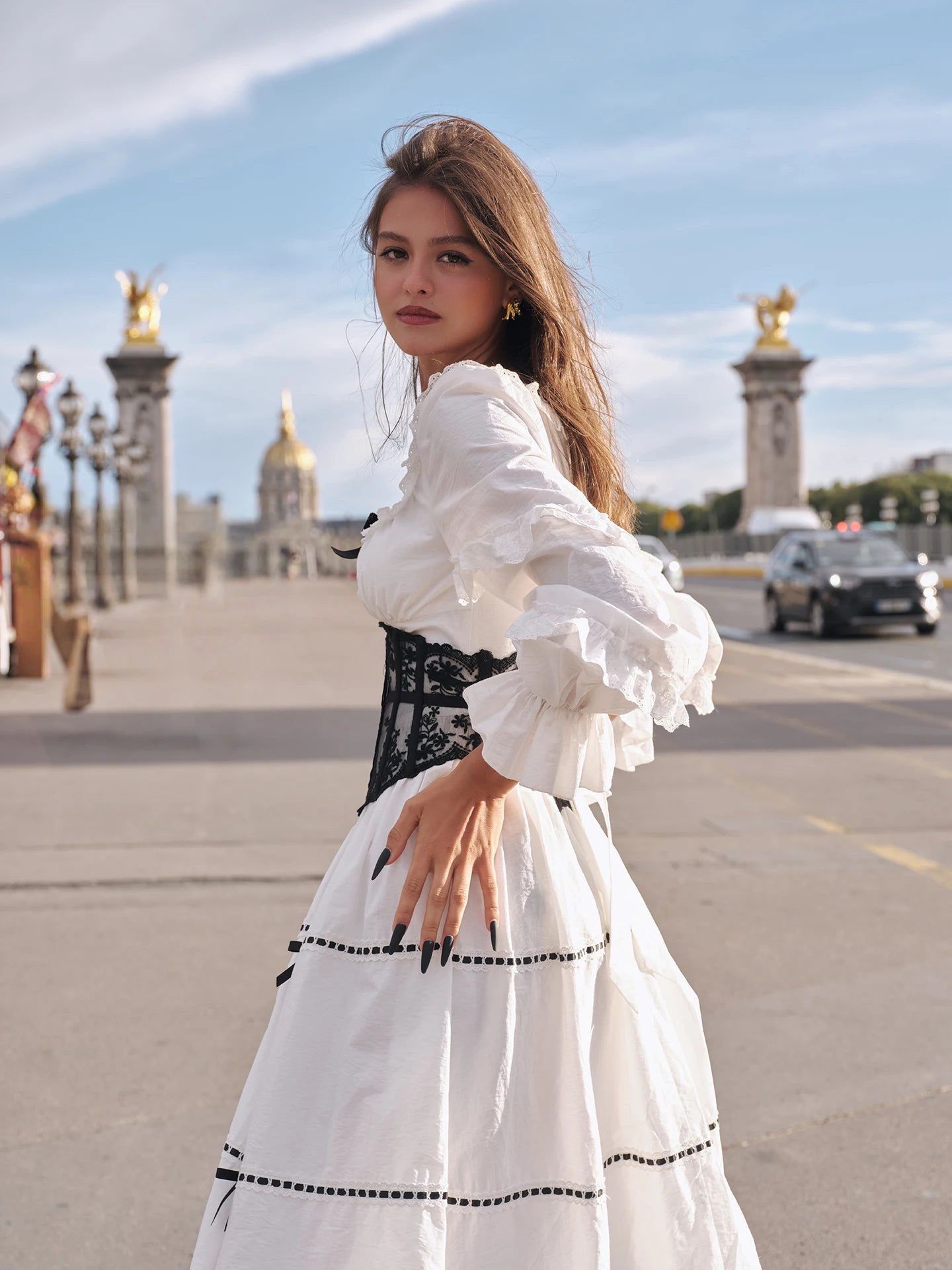 Gothica Parisian Fall White Maxi Dress Women Vintage Elegant Slim Lace Collar Long Sleeve French Halloween Dress