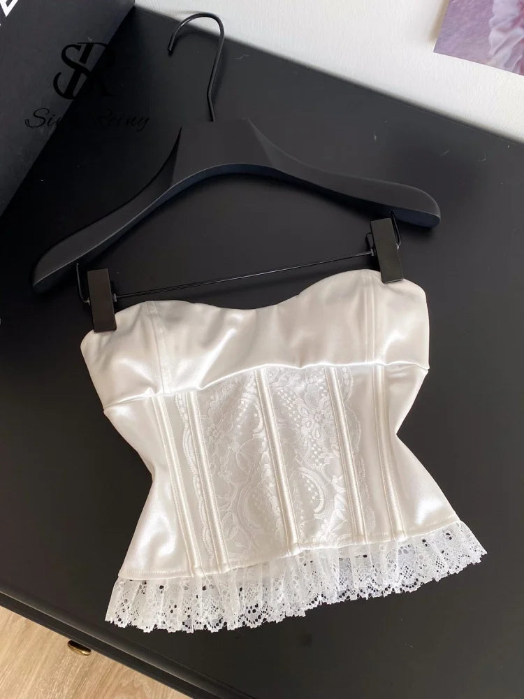 The Fontainebleau Satin Corset Cami | French Lace Strapless Crop Top | Wedding & Night Out Tank | Parisian Princess