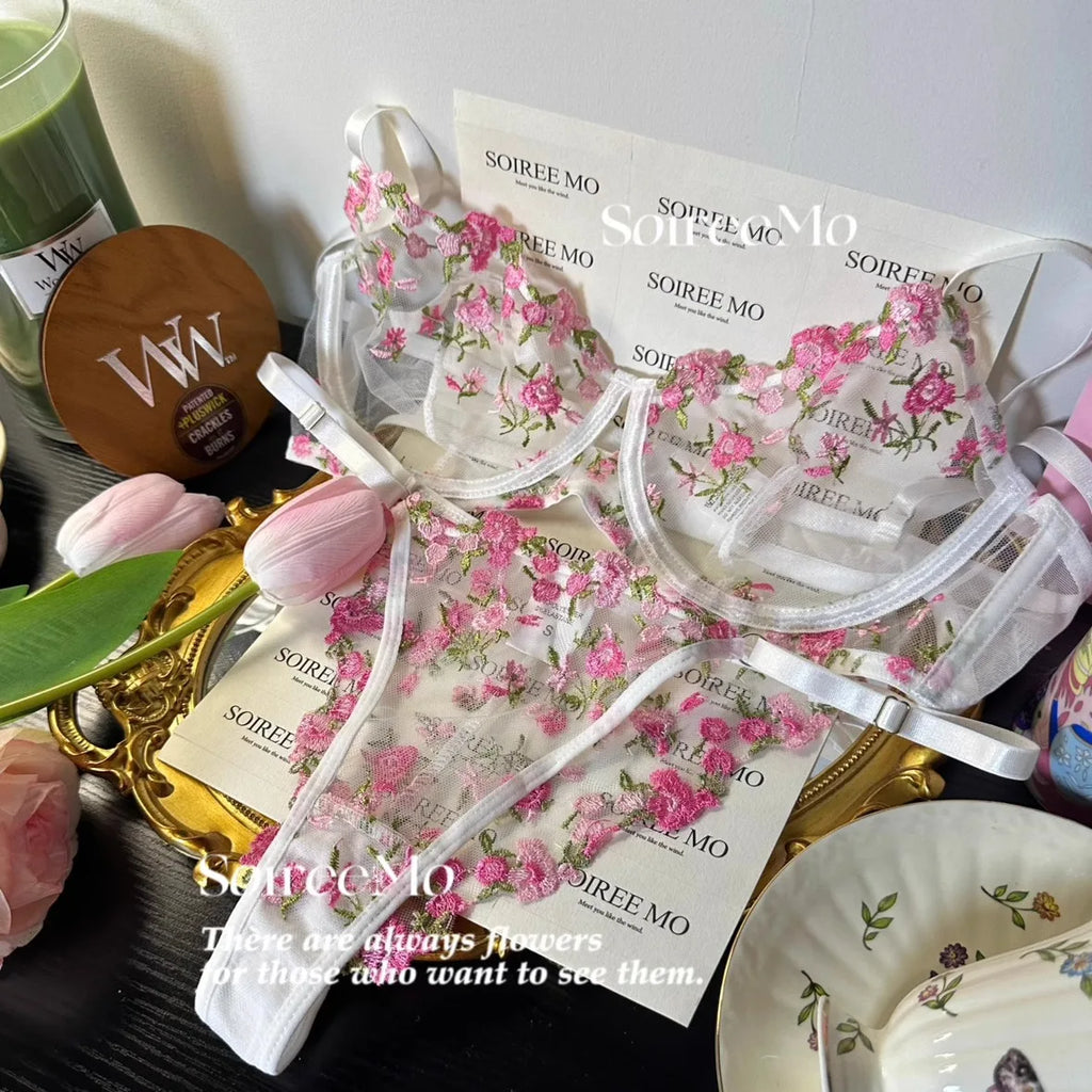Parisian French Lingerie Set Sheer Tulle, Pink Floral Embroidery Bra Bralette, Sexy Pure Matching Set BANERDANNI Sexy Tushy Bras