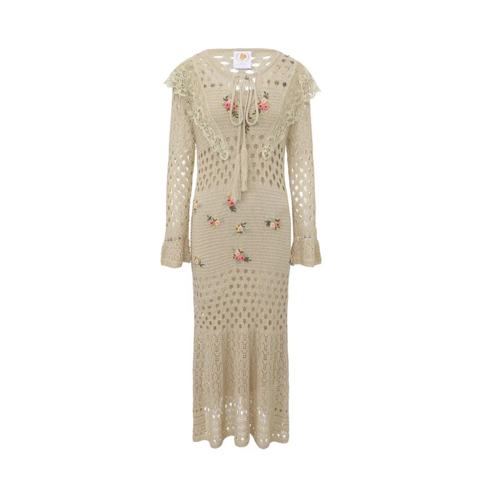 The Versailles Rose Knitted Fishtail | Hand-Embroidered Silk Blend Dress | French V-Neck Gown | Parisian Princess