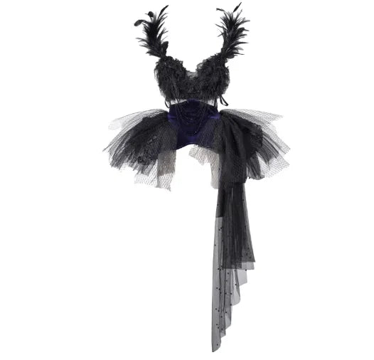 The Midnight Swan Avant-Garde Set | Diamond-Encrusted Mesh Top & Asymmetrical Feathered Sweep Tail Skirt | Parisian Princess