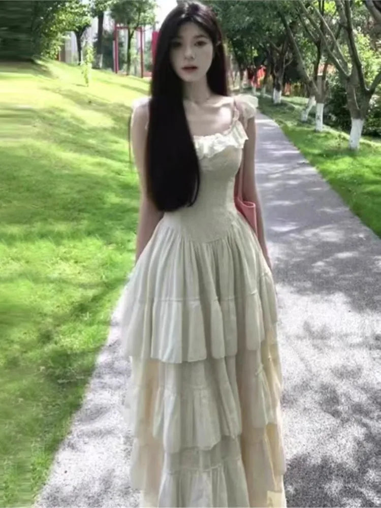 Vintage French Style Ruffles Square Collar Dress Women Summer Holiday Style Sleeveless Fairy Party Dress Fashion Female Clothes