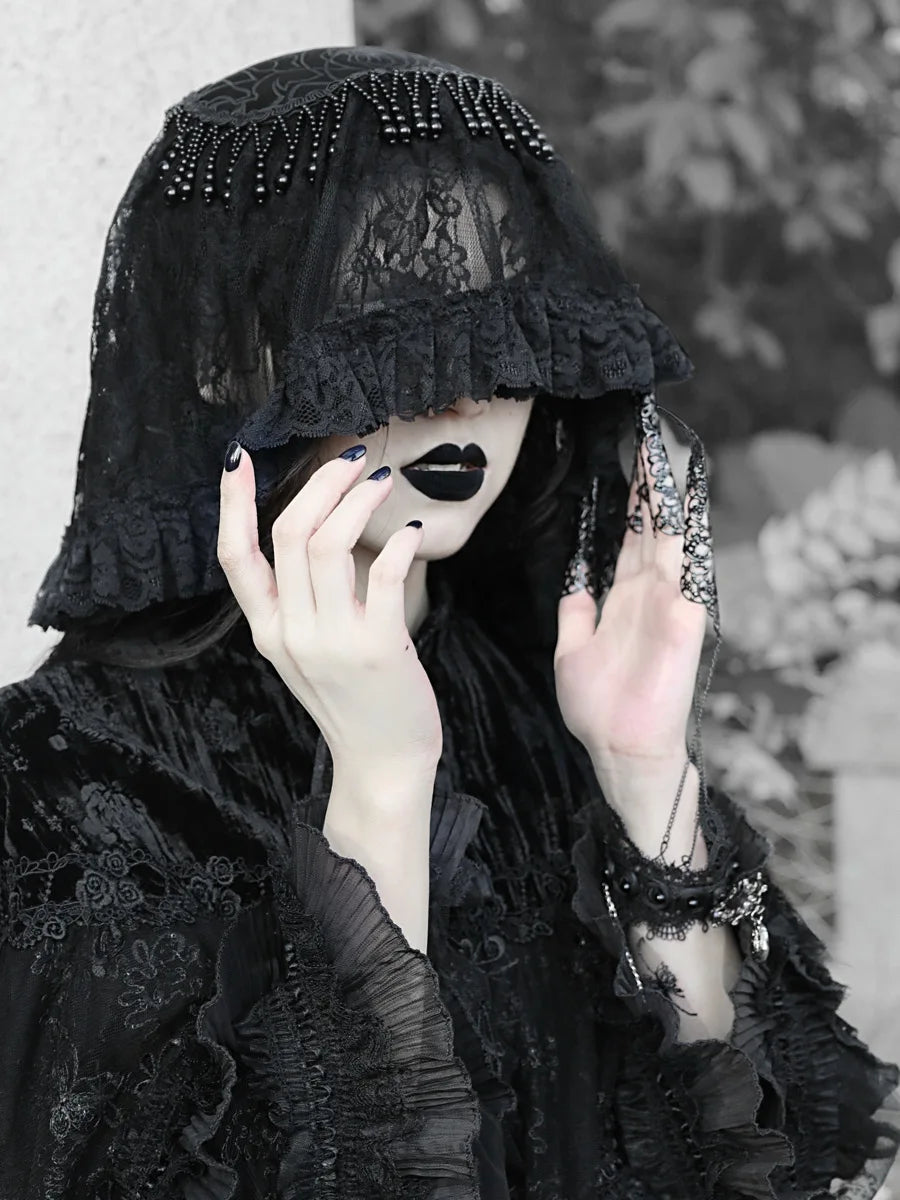 The Gothica Classical Noir Headdress | Heavy Lace Covering & Dark Veil Headband | Gothic Novelty Hairband | Parisian Princess