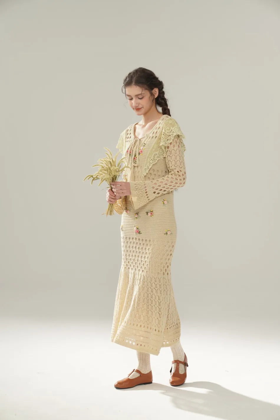 The Versailles Rose Knitted Fishtail | Hand-Embroidered Silk Blend Dress | French V-Neck Gown | Parisian Princess
