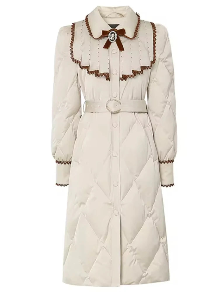 The Grand Trianon Gown Coat | Parisian Longline Bow-Waist Puffer | Elegant Doll Collar Lace-Up Down Jacket | Parisian Princess