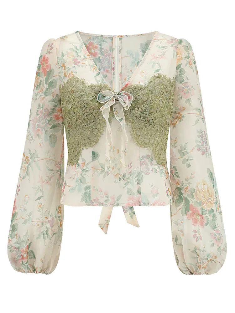 The Orchard Lace Summer Blouse | French Vintage Cottagecore Top | Sheer Printed Organza Lantern Sleeve | Parisian Princess