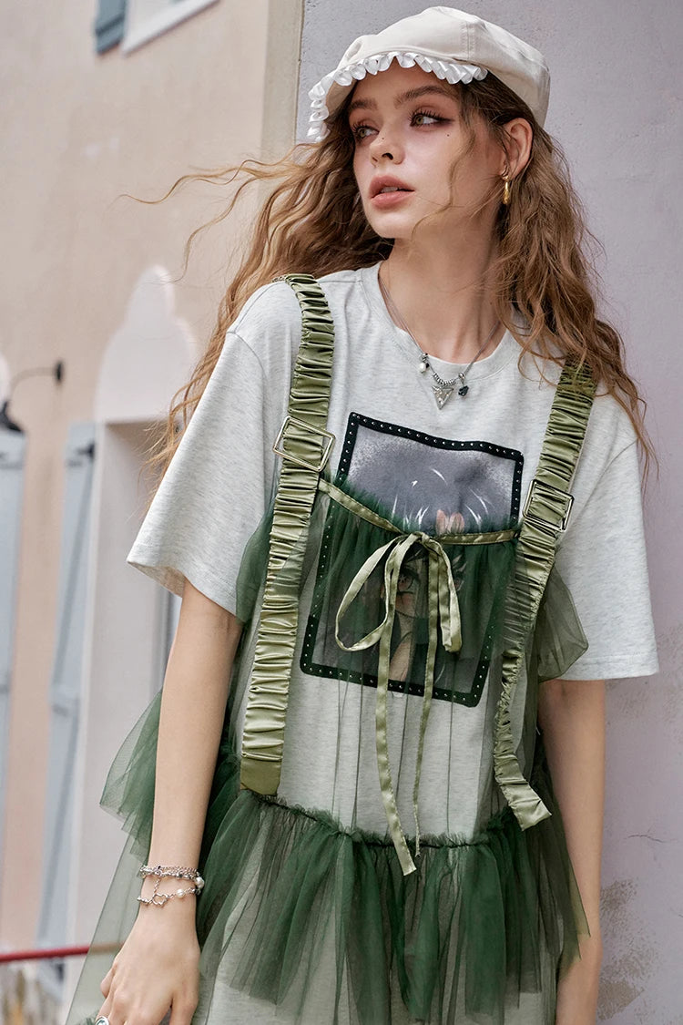 The Toulouse Cotton Lace Dress Set | Sweet Cool Printed T-Shirt & Spliced Maxi | Two-Piece Mesh Dress | Parisian Princess