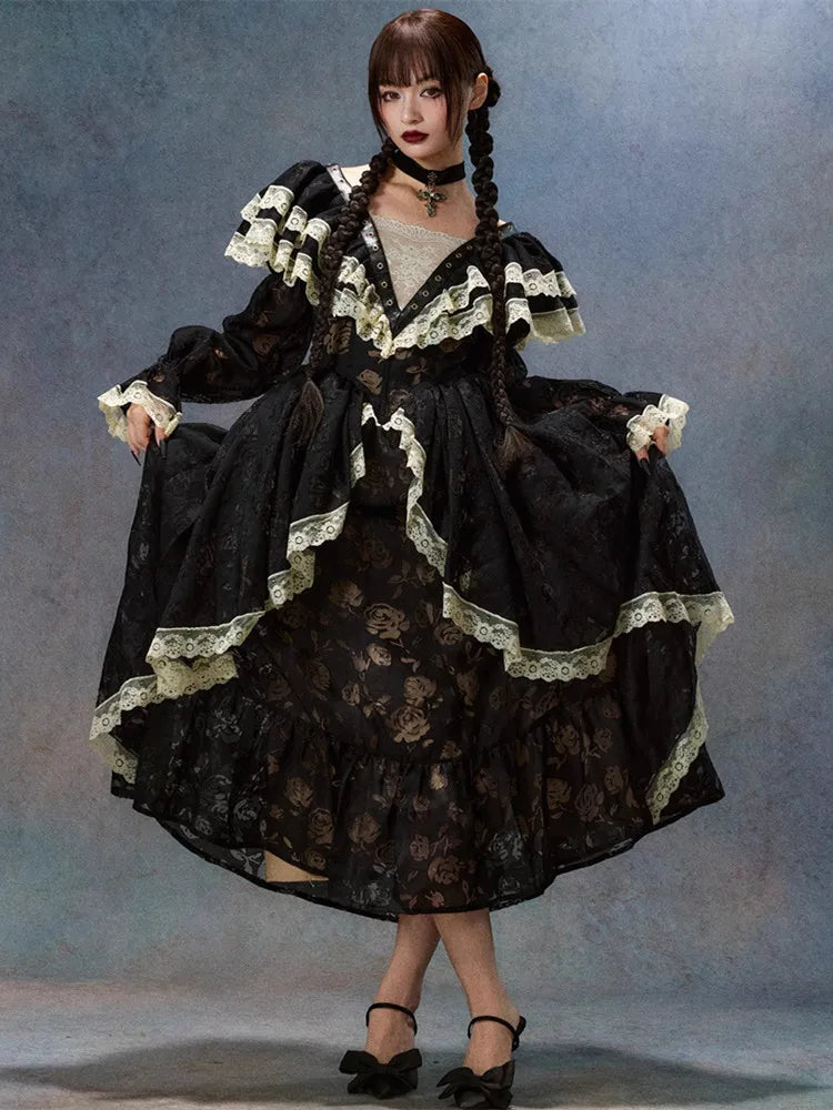 Parisian Lace Black Maxi Dresses Women Vintage Elegant Slim Sexy Lace V-Neck Luxury Palace Style Halloween Atmosphere Dress