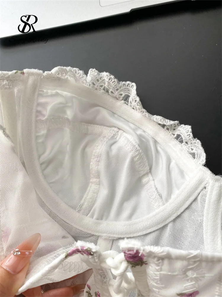 The Trianon Embroidered Corset | French Sweet Floral Lingerie Top | Hollow Out Backless Bandage Camisole | Parisian Princess