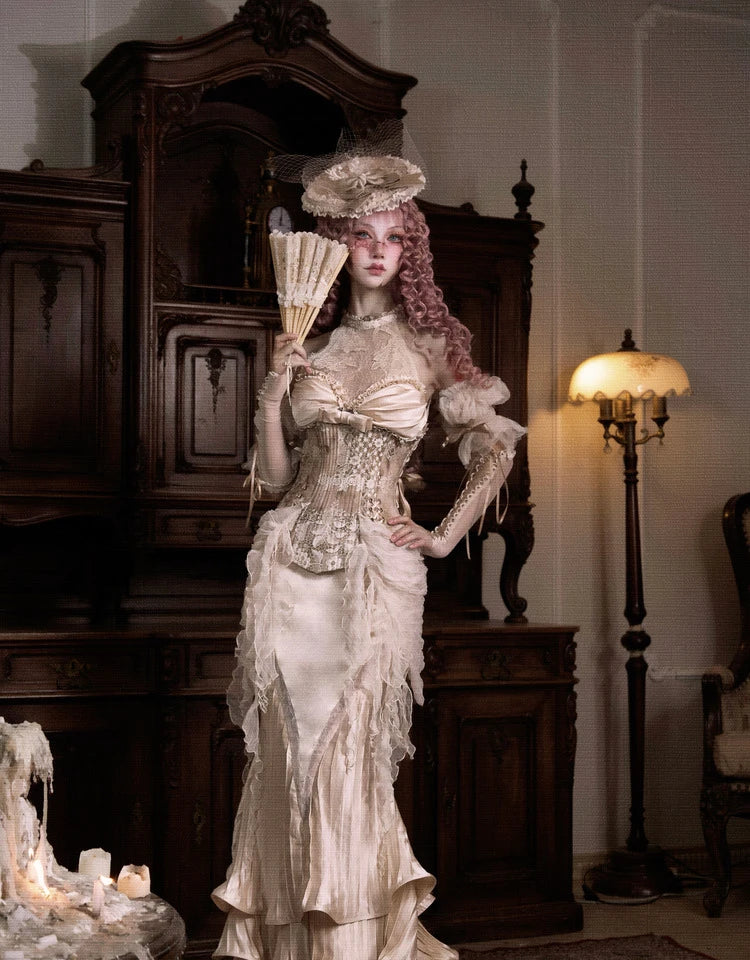 The Fontainebleau Lace Halter Set | Bow Top & Long Fishtail Skirt | Vintage Parisian Evening Wear | Parisian Princess