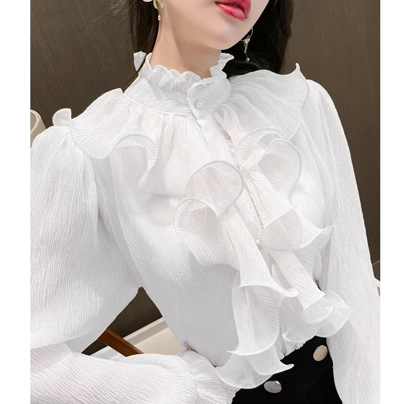 The Versailles Ruffled Chiffon Blouse | Stand Collar Lace Puff Sleeve | French Vintage Shirt | Parisian Princess
