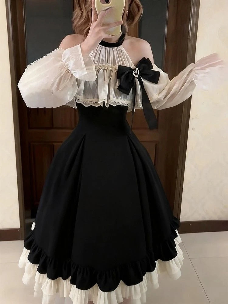 Parisian Elegant Lolita Dress Women Slimming Kawaii Bowknot Long Sleeve Dresses 2025 New Autumn Winter Fashion Casual Outfits