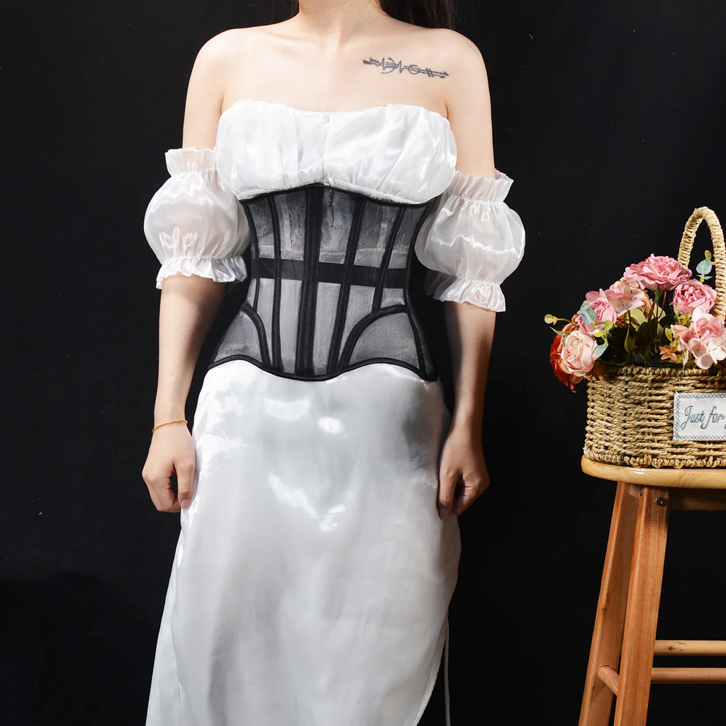 Women Abdomen Tight Corset Crops Under Bust Bustiers Breathable Mesh Waist Girdle With Bones Slimming Lace Up Bodices