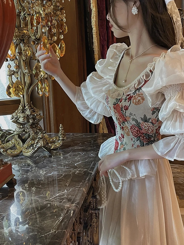 The Trianon Fairy Midi | Vintage Floral Puff Sleeve Prom Dress | Elegant Luxury Print Summer Gown | Parisian Princess