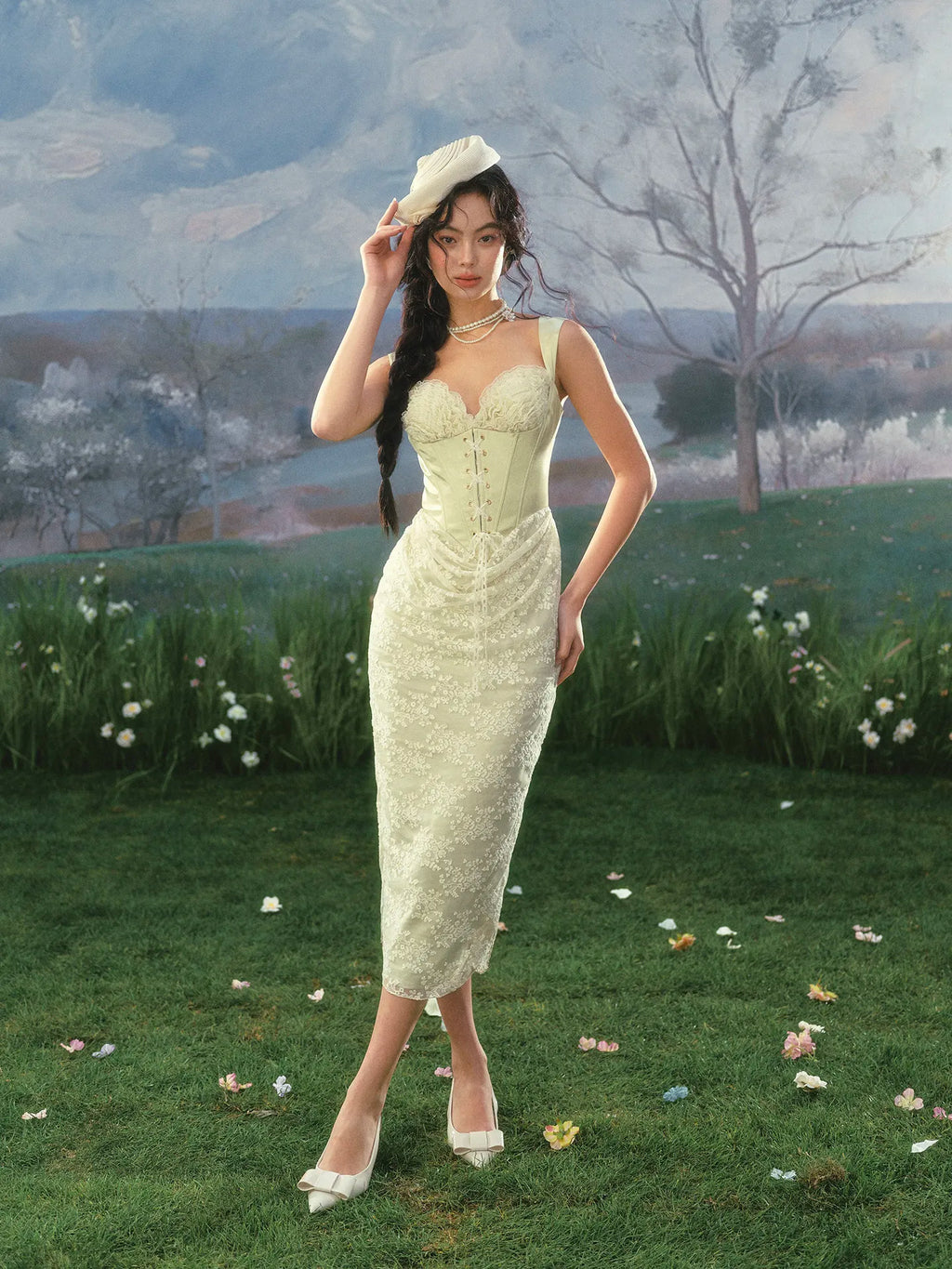 The Aubergine Limeberry Gown | French Elegant Slim Luxury Satin Princess Dress | Lace Strapless Empire Mid-Calf Dress | Parisian Princess
