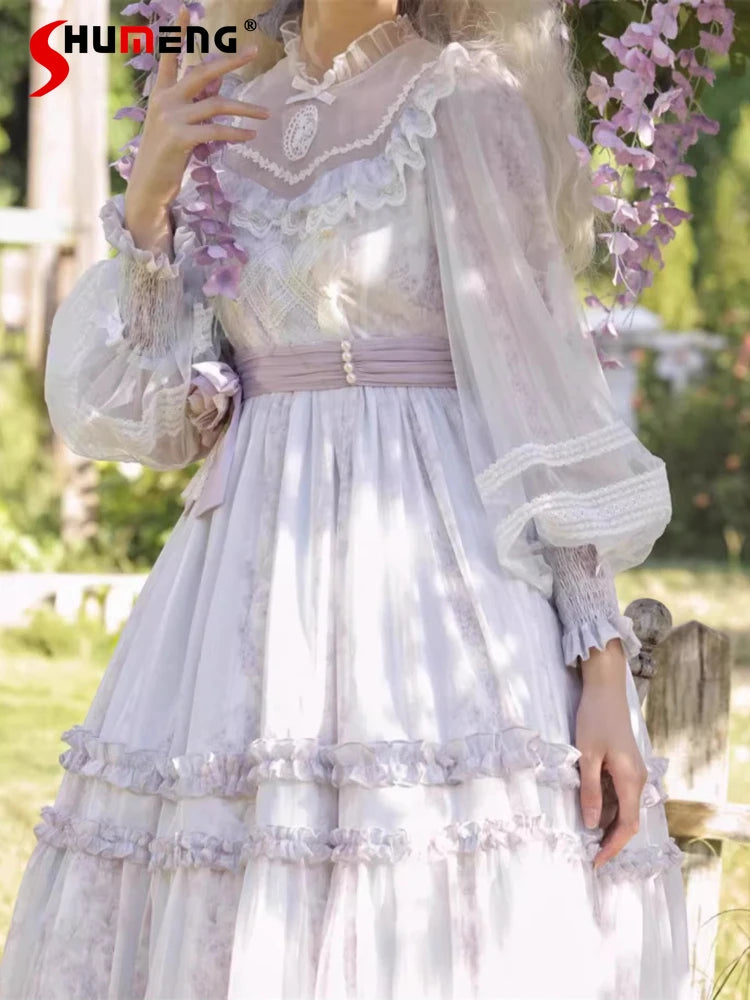 French Elegant Large Size Lolita Dresses Autumn Women's High Waist Slim Cla Princess Tea Party Long Sleeve Dress Vintage Dress