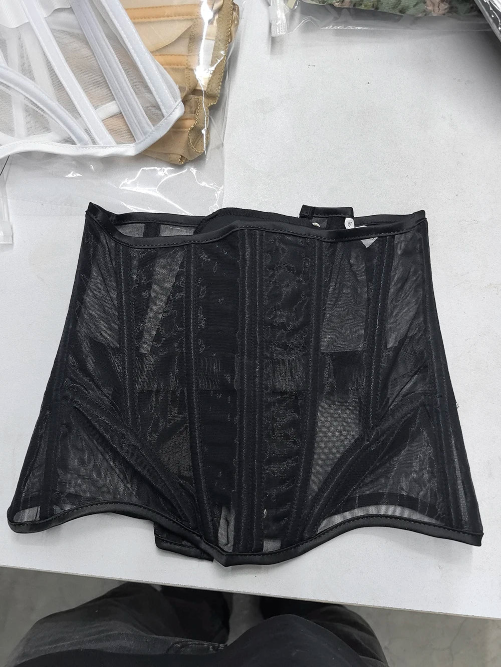 Women Abdomen Tight Corset Crops Under Bust Bustiers Breathable Mesh Waist Girdle With Bones Slimming Lace Up Bodices